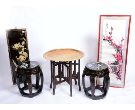 A PAIR OF ORIENTAL BLACK LACQUERED STOOLS with inlaid decoration, 45cm high; a Chinese scroll painting of cherry blossom, sig