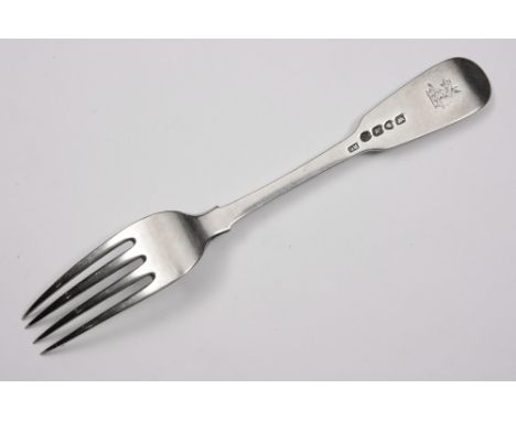 A SILVER FIDDLE PATTERN DESSERT FORK, crested, London 1825/6 by Randall Chatterton, 1.5 troy oz