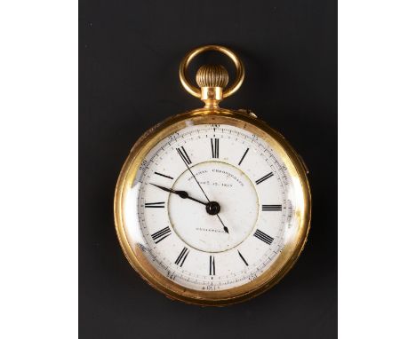 AN 18CT GOLD OPEN FACE CHRONOGRAPH POCKET WATCH, the white enamel chronograph dial with Roman numerals, inscribed 'Sepr. 13 1