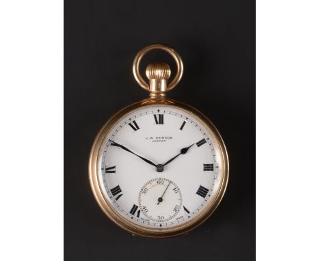A 9CT GOLD OPEN FACE POCKET WATCH BY J.W. BENSON, the white enamel dial with Roman numerals and subsidiary seconds dial, to k