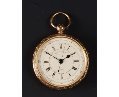 AN 18CT GOLD OPEN FACE CHRONOGRAPH POCKET WATCH, the white enamel chronograph dial with Roman numerals and centre seconds han