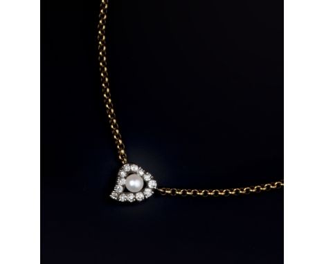 A DIAMOND AND HALF PEARL PENDANT NECKLACE, the heart-shaped pendant centred with a single half pearl framed by old-cut diamon