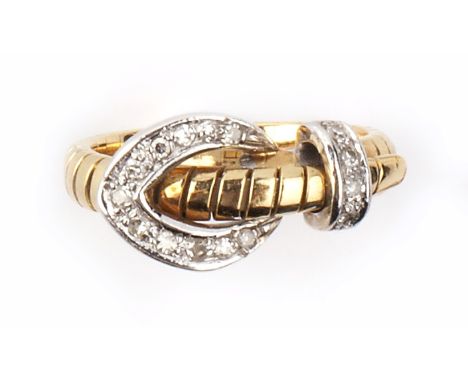 AN 18CT GOLD AND DIAMOND SET BUCKLE RING, of adjustable bi-colour reeded design, with single-cut diamond set buckle, maker's 