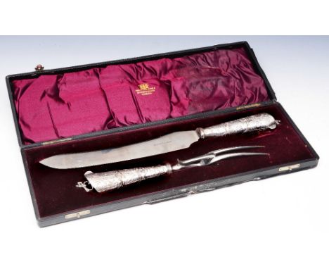 A CASED SCOTTISH SILVER HANDLE CARVING KNIFE AND FORK, the handles decorated with panelled scenes with figure and with horse 