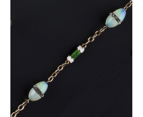 AN OPAL AND ENAMEL BRACELET, comprising three opal beads with faceted colourless spacers, alternating with green and white en