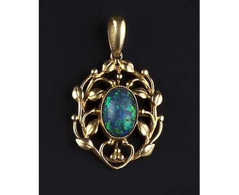 AN ARTS AND CRAFTS STYLE BLACK OPAL PENDANT, the openwork foliate frame with beaded highlights, centred with an oval cabochon