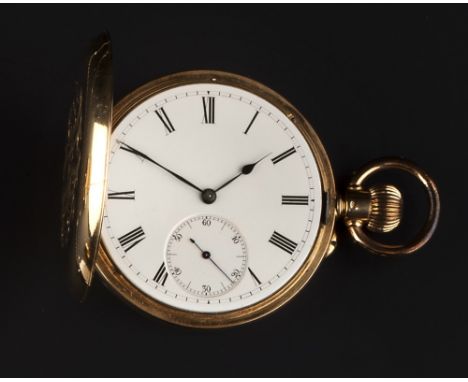 A HUNTER POCKET WATCH, the white enamel dial with Roman numerals and subsidiary seconds dial, to case stamped '18k' with Swis