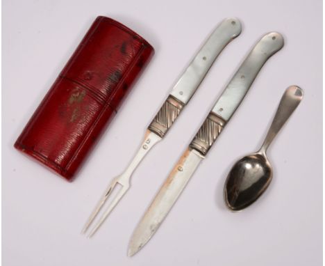 A GEORGIAN THREE PIECE PICNIC SET consisting of a folding mother of pearl handle knife, matching fork and a silver spoon, and