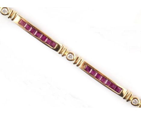A FRENCH SYNTHETIC RUBY AND DIAMOND SET BRACELET, comprising six rectangular panels, channel set with calibrè-cut synthetic r