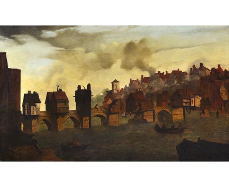 ENGLISH SCHOOL, 18TH CENTURYTHE OLD TYNE BRIDGE, NEWCASTLE Oil on canvas44 x 75cm (17¼ x 29½ in.)The Medieval Old Tyne Bridge