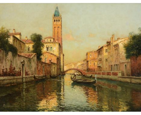 λ ANTOINE BOUVARD (FRENCH 1870-1956)VENETIAN CANAL WITH A GONDOLA BY A BRIDGEOil on canvasSigned (lower left)49 x 64cm (19¼ x