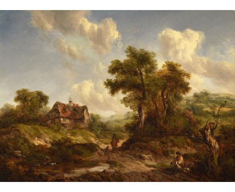 RICHARD HILDER (BRITISH 1813-1853)COTTAGES AND RUSTICS; A WOODED LANDSCAPEOil on panel (a pair)One signed lower left (underne