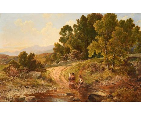 BENJAMIN WILLIAMS LEADER (BRITISH 1831-1923)FAMILY PADDLING IN A STREAM FROM THE HILLSOil on canvasSigned (lower right)44.5 x