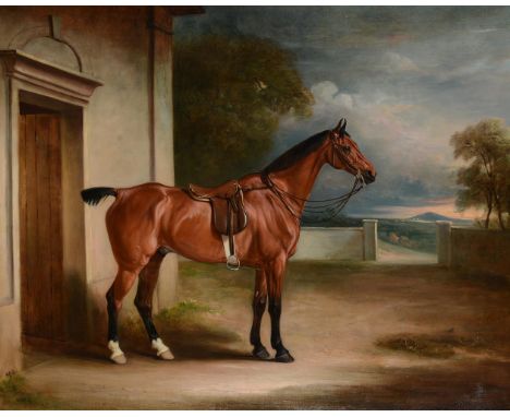 JOHN FERNELEY SENIOR (BRITISH 1782-1860)A SADDLED HUNTER IN A STABLE YARD WITH A WOODED LANDSCAPE BEYONDOil on canvas Signed,