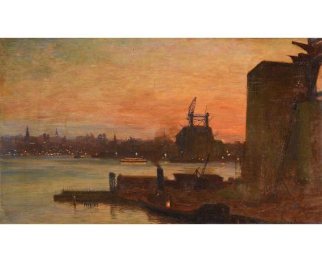 WALTER FOLLEN BISHOP (BRITISH 1856-1936)THE BUILDING OF SYDNEY HARBOUR Oil on panel Signed (lower right)41.8 x 73cm (16¼ x 28