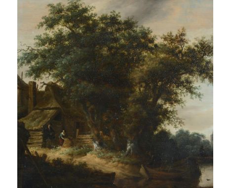 FOLLOWER OF SALOMON VAN RUYSDAELA WOODED RIVER LANDSCAPE WITH PEASANTS BEFORE A COTTAGEOil on panelIndistinctly signed (lower