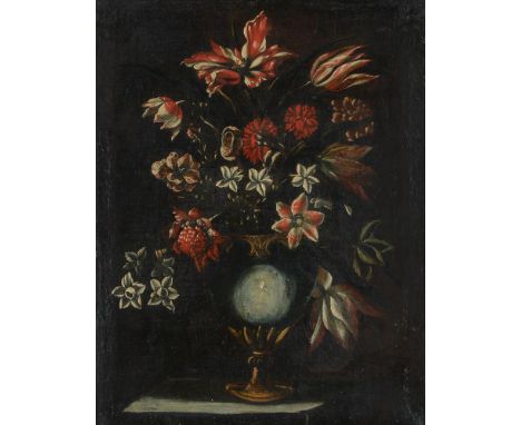 ITALIAN SCHOOL (17TH CENTURY)A PAIR OF STILL LIFES WITH TULIPS, CARNATIONS AND OTHER FLOWERS IN A VASE ON A LEDGEOil on canva