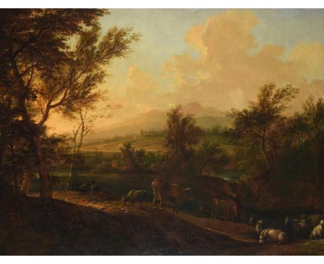 CIRCLE OF THOMAS GAINSBOROUGH (BRITISH 1727-1788)PASTORAL LANDSCAPE WITH CATTLE AND DROVERS AT DUSKOil on canvas104 x 136cm (