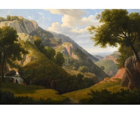 CIRCLE OF JEAN VICTOR BERTIN (FRENCH 1767-1842)A CLASSICAL MOUNTAINOUS LANDSCAPE WITH WATERFALLOil on canvasIndistinctly sign