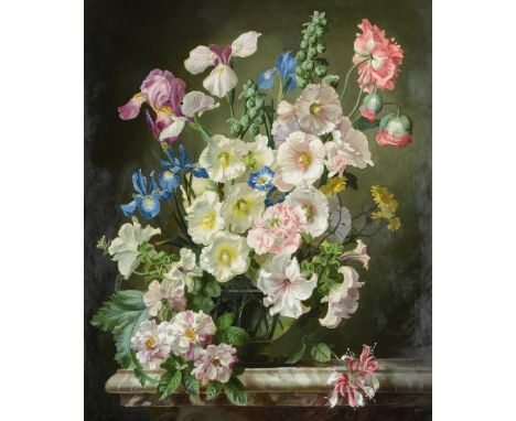 λ  GERALD A COOPER (BRITISH 1898-1975)HOLLYHOCKS, IRIS AND HONEYSUCKLEOil on boardSigned (lower right)75 x 62cm (29½ x 24¼ in