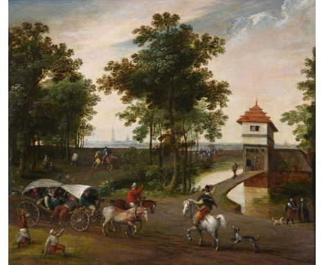 JACOB GRIMMER (FLEMISH CIRCA 1525-1590)TRAVELLERS ON A TRACK, A VIEW OF ANTWERP BEYONDOil on panel22.5 x 26.5cm (8¾ x 10¼ in.