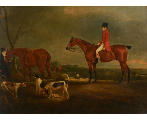 JOHN FERNELEY SENIOR (BRITISH 1782-1860)PORTRAIT OF MR WHITE, ON A HUNTER WITH HOUNDS, A GROOM HOLDING ANOTHER MOUNTOil on ca