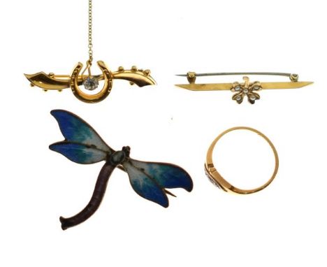 Yellow metal ring set diamond chips, the shank stamped 18ct & Plat, two unmarked yellow metal bar brooches and an enamel drag