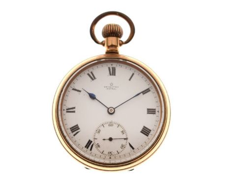 Gold plated cased top wind pocket watch, the white enamel dial with Roman numerals and subsidiary seconds dial   Condition: 