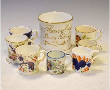 19th Century porcelain mug having painted foliate decoration and script 'John Henry Crossley. Born Oct 4, 1827', two 19th Cen