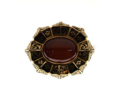 19th Century unmarked yellow metal black enamel oval mourning brooch set central orange cabochon, the reverse inscribed 'J.W.