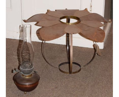 Aesthetic School style copper framed hanging oil lamp having leaf form decoration   Condition: 