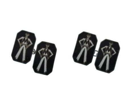 Pair of white metal and enamel cufflinks decorated with a standing man, an M on his chest, stamped 'Silver'   Condition: 