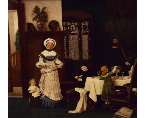 Early 20th Century chrystoleum type print - Interior scene with family dining, framed   Condition: 