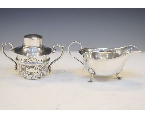 Edward VII embossed silver two handled tea caddy, hallmarks indistinct but probably Birmingham 1904, together with a George V