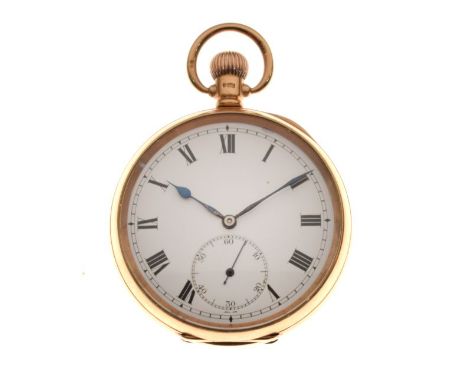 9ct gold top wind pocket watch, the white enamel dial with Roman numerals and subsidiary seconds dial   Condition: 