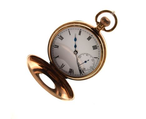 9ct gold half hunter top wind pocket watch, the white enamel dial with Roman numerals and subsidiary seconds dial   Condition