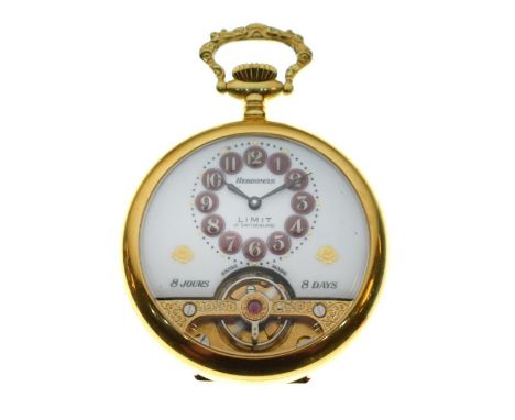 Gold plated cased Hebdomas Limit top wind pocket watch, the white enamel dial having Arabic numerals on a deep red chapter ri