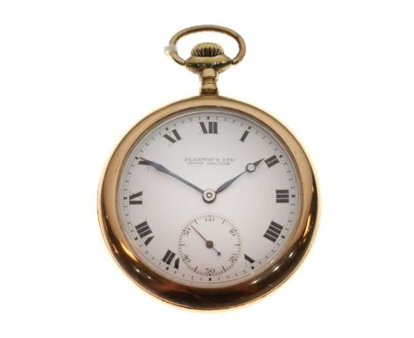 Gold plated cased screw back top wind pocket watch, the white enamel dial with Roman numerals and subsidiary seconds dial   C