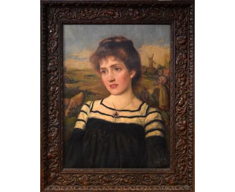 Early 20th Century English School - Oil on canvas - Portrait of a lady, signed with monogram M.J. and dated 1903, in a decora