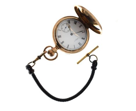 Gold plated cased top wind full hunter pocket watch, the white enamel dial with Roman numerals and subsidiary seconds dial   