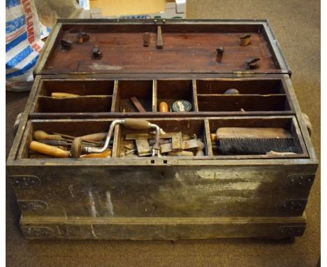 Early 20th Century steel bound pine tool chest, together with a large quantity of various vintage hand tools etc   Condition: