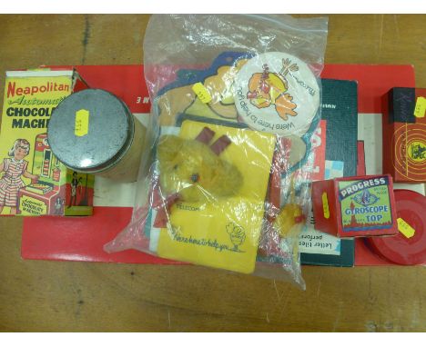 NEAPOLITAN AUTOMATIC CHOCOLATE MACHINE IN BOX, MONOPOLY SET, GYROSCOPE TOP, HARMONICA , DOMINOS, BT BUZBY ITEMS ETC