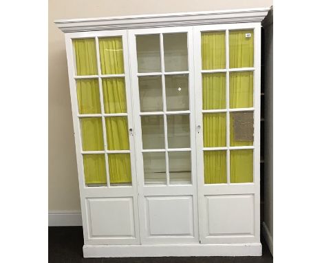 Victorian pine 2 door, centre fixed panel shop display cabinet, flared cornice, doors panelled to bottom, approx measurements