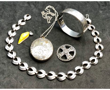 Selection of vintage silver jewellery includes large locket and chain, bracelet  and danish type silver necklace not hallmark