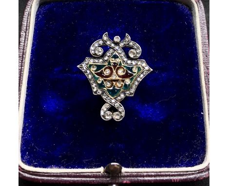 Antique gold and plique-a-jour &amp; rose diamond brooch set all over with small rose diamonds with central panel of red and 