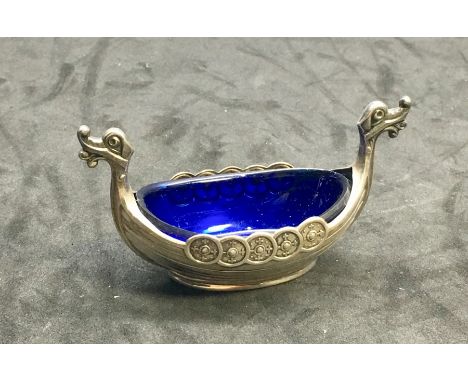 Vintage Norwegian silver viking ship salt cellar 925 sterling with blue glass liner