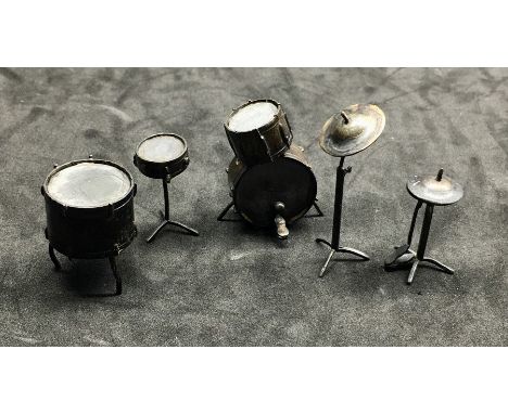 Vintage Dutch silver miniature drum and cymbal set small Dutch silver hallmarks all in original uncleaned dark tone 
