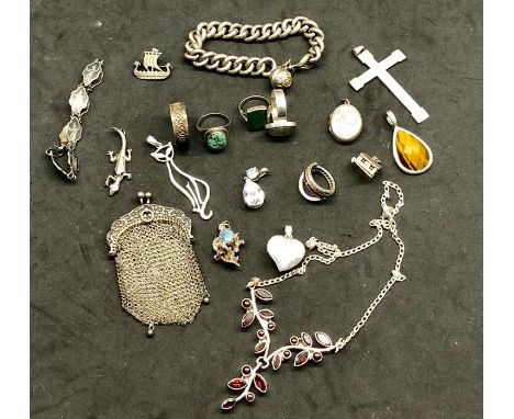 Selection of antique and vintage silver jewellery includes bracelet, brooches and pendants  charms and necklace 