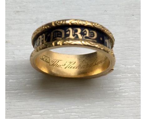 Antique 18ct gold and enamel mourning ring full 18ct gold hallmarks engraved inside Tho,s Richardson  died june 29 1865 aged 