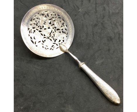 Large vintage pierced silver persian Iran silver serving spoon hallmarks and makers mark on back measures approx 25cm long an